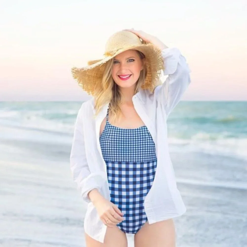 Lands' End Lace Up Blue Gingham Swimsuit One-Piece Sunrise Collection